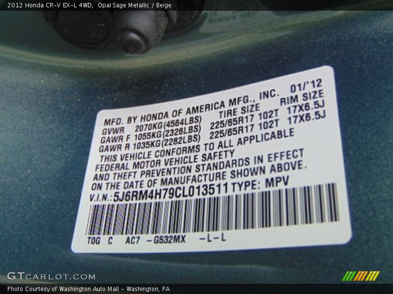 Opal Sage Metallic / Beige 2012 Honda CR-V EX-L 4WD