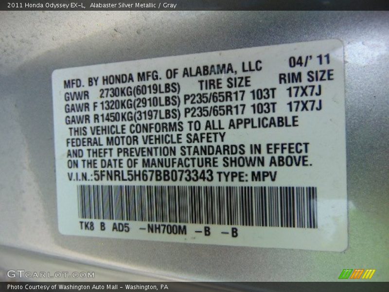 Alabaster Silver Metallic / Gray 2011 Honda Odyssey EX-L