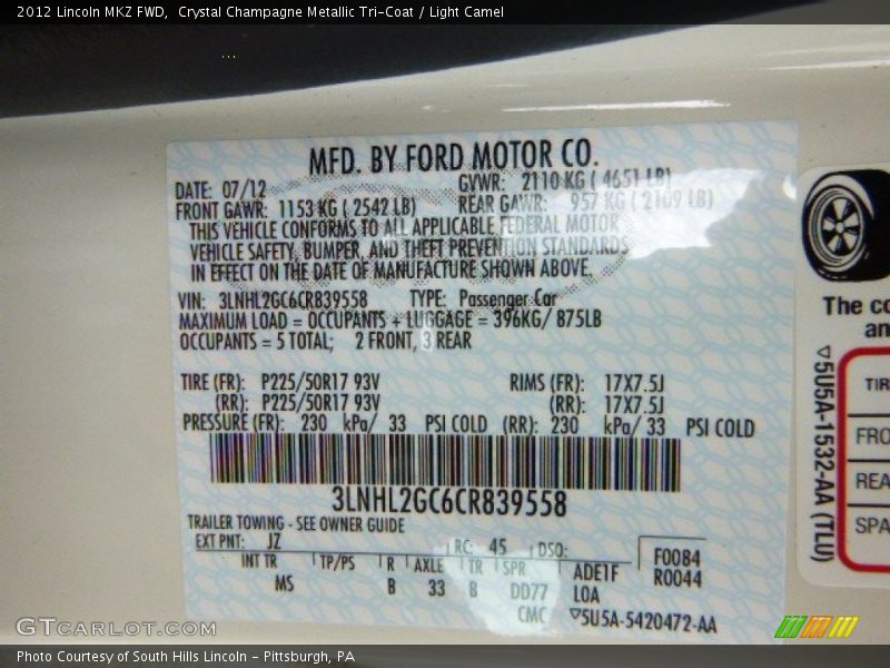 Crystal Champagne Metallic Tri-Coat / Light Camel 2012 Lincoln MKZ FWD