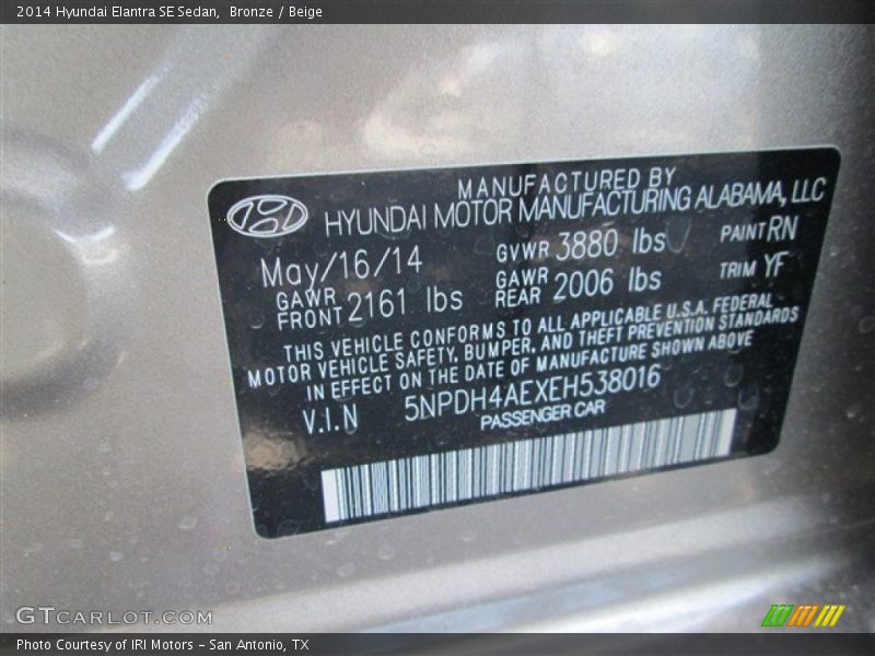 Bronze / Beige 2014 Hyundai Elantra SE Sedan