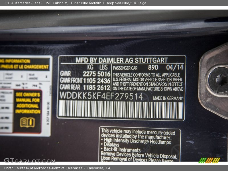 2014 E 350 Cabriolet Lunar Blue Metallic Color Code 890
