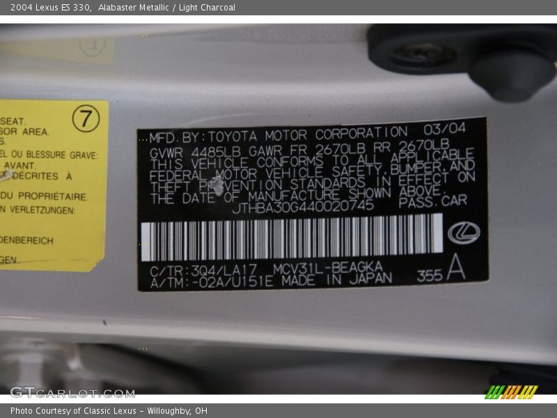 2004 ES 330 Alabaster Metallic Color Code 3Q4