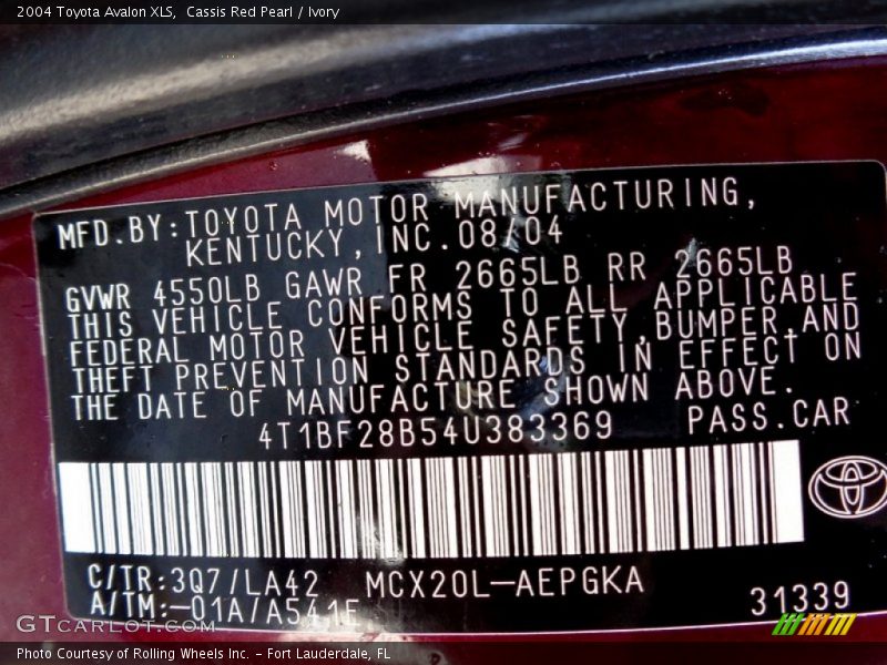 2004 Avalon XLS Cassis Red Pearl Color Code 3Q7