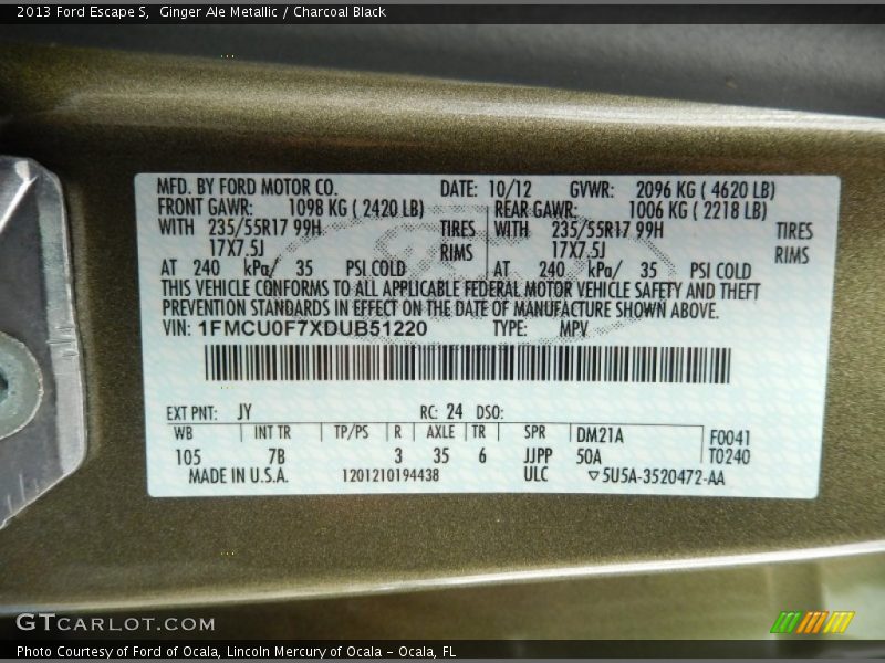 Ginger Ale Metallic / Charcoal Black 2013 Ford Escape S