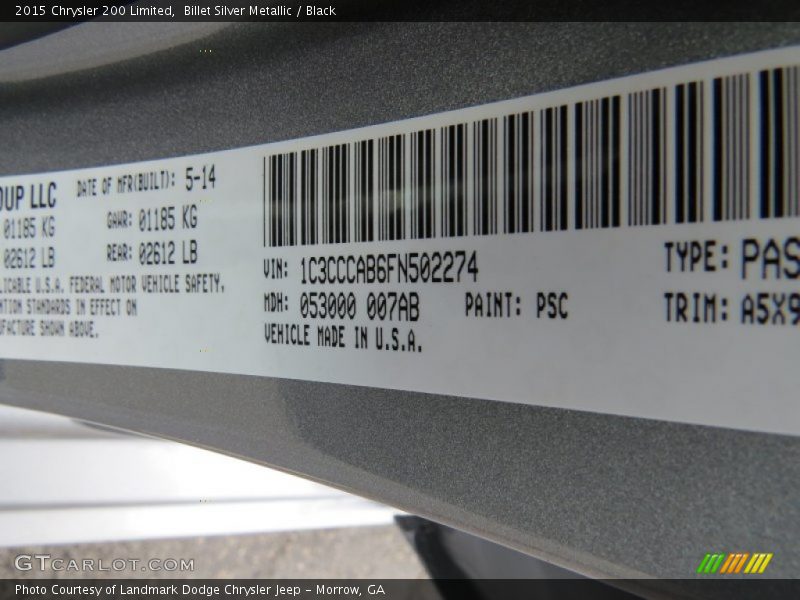 Billet Silver Metallic / Black 2015 Chrysler 200 Limited