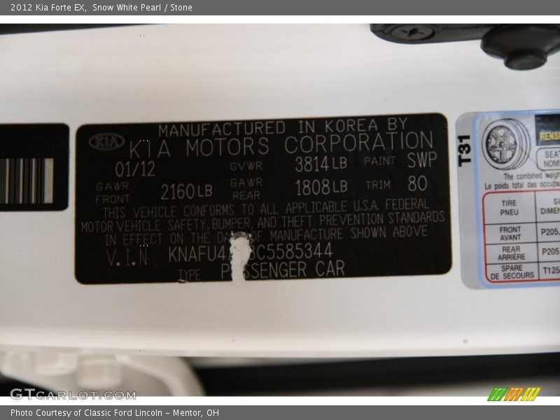 Snow White Pearl / Stone 2012 Kia Forte EX
