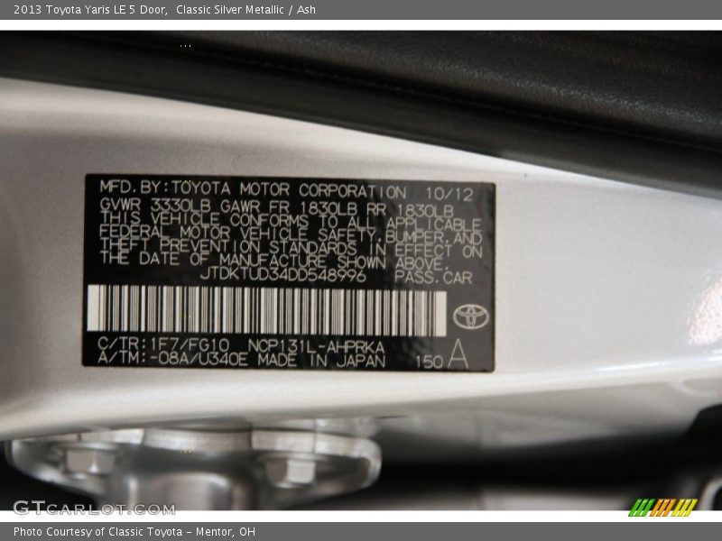 Classic Silver Metallic / Ash 2013 Toyota Yaris LE 5 Door