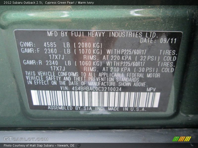Cypress Green Pearl / Warm Ivory 2012 Subaru Outback 2.5i