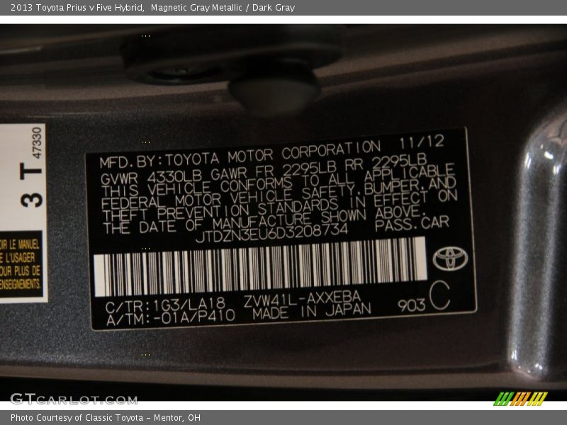 2013 Prius v Five Hybrid Magnetic Gray Metallic Color Code 1G3