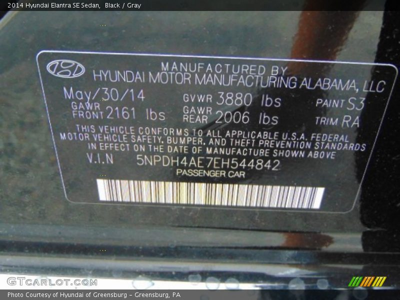 Black / Gray 2014 Hyundai Elantra SE Sedan