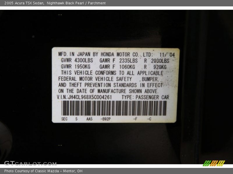 2005 TSX Sedan Nighthawk Black Pearl Color Code B92P