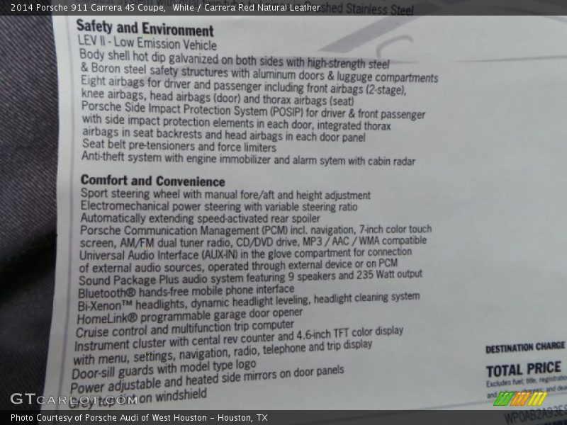  2014 911 Carrera 4S Coupe Window Sticker