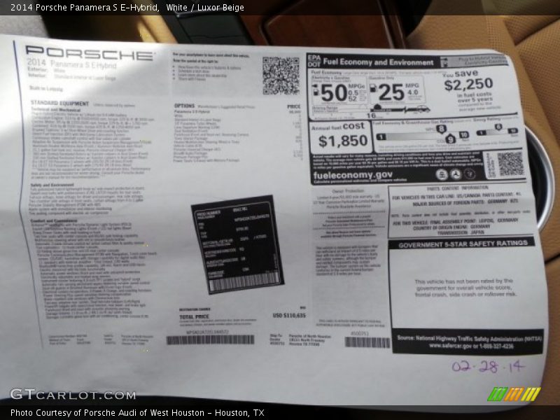  2014 Panamera S E-Hybrid Window Sticker