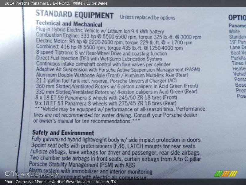  2014 Panamera S E-Hybrid Window Sticker