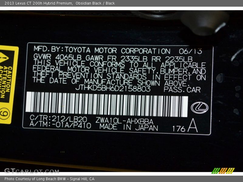 2013 CT 200h Hybrid Premium Obsidian Black Color Code 212