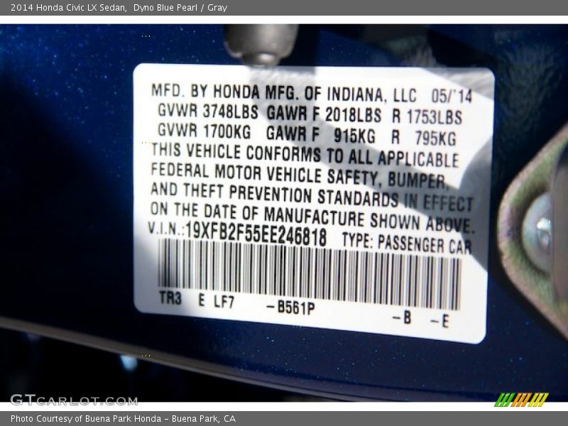 Dyno Blue Pearl / Gray 2014 Honda Civic LX Sedan