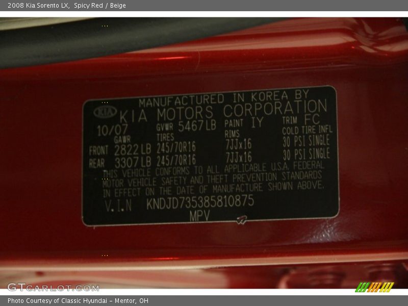 Spicy Red / Beige 2008 Kia Sorento LX