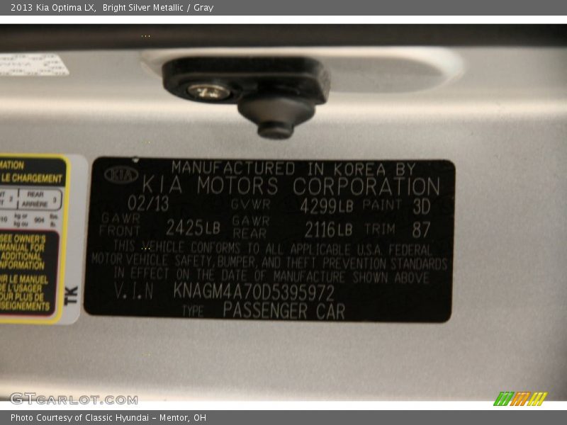 Bright Silver Metallic / Gray 2013 Kia Optima LX