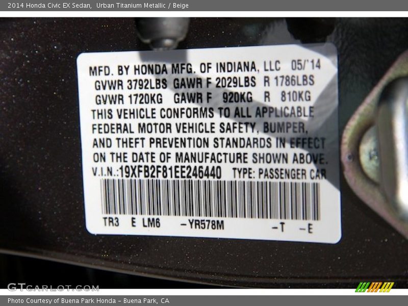Urban Titanium Metallic / Beige 2014 Honda Civic EX Sedan