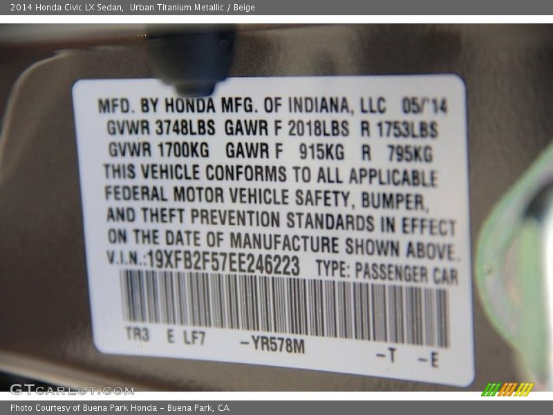 Urban Titanium Metallic / Beige 2014 Honda Civic LX Sedan