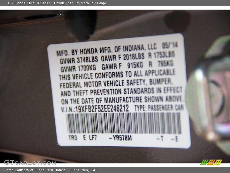 Urban Titanium Metallic / Beige 2014 Honda Civic LX Sedan