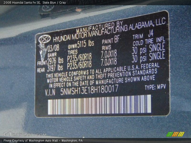 Slate Blue / Gray 2008 Hyundai Santa Fe SE