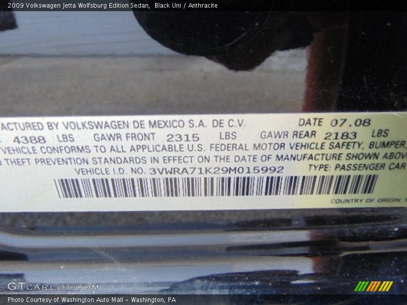Black Uni / Anthracite 2009 Volkswagen Jetta Wolfsburg Edition Sedan