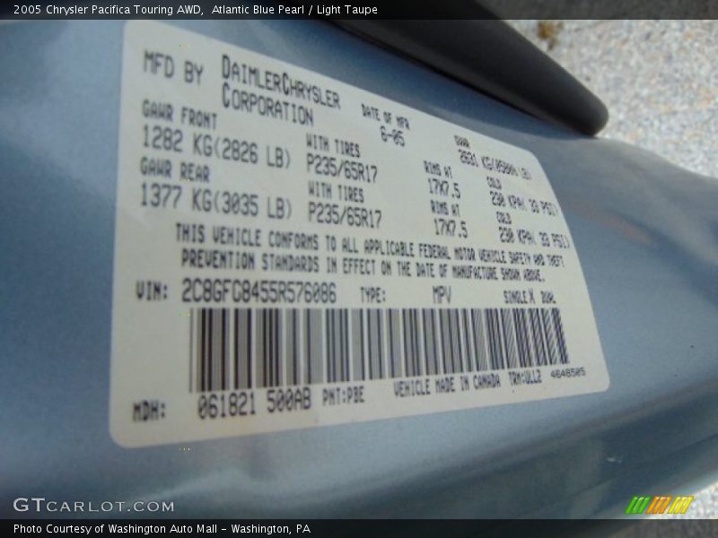 2005 Pacifica Touring AWD Atlantic Blue Pearl Color Code PBE