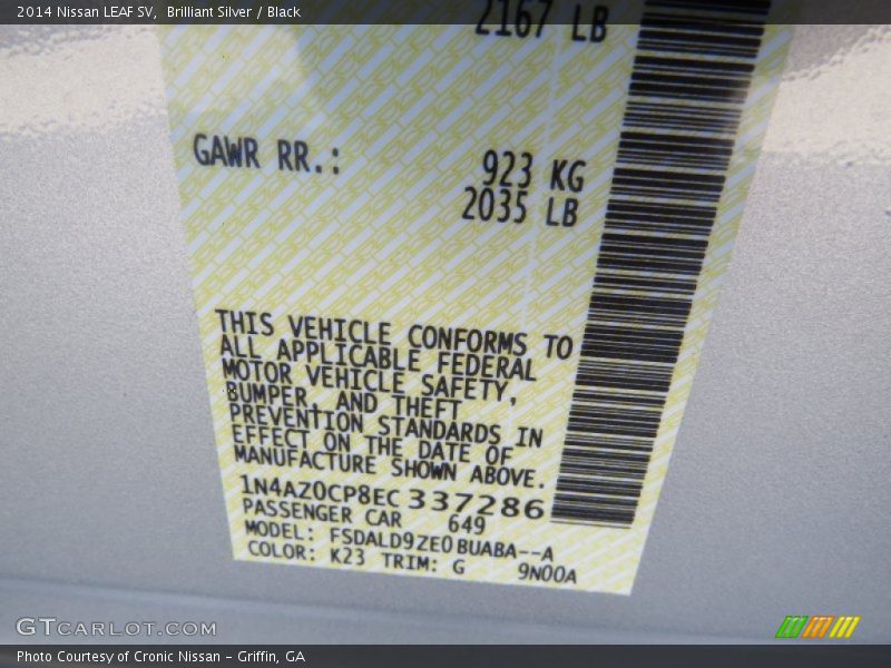 Brilliant Silver / Black 2014 Nissan LEAF SV