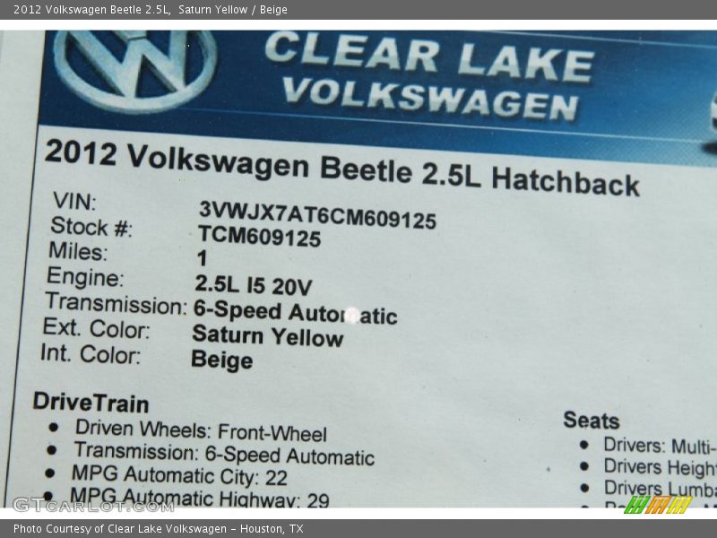 Saturn Yellow / Beige 2012 Volkswagen Beetle 2.5L