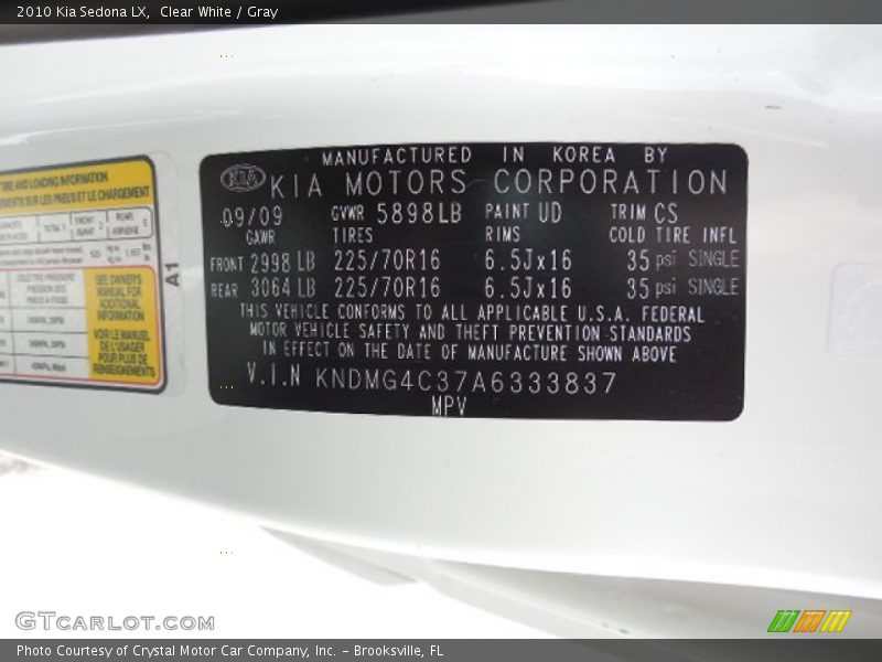 Clear White / Gray 2010 Kia Sedona LX