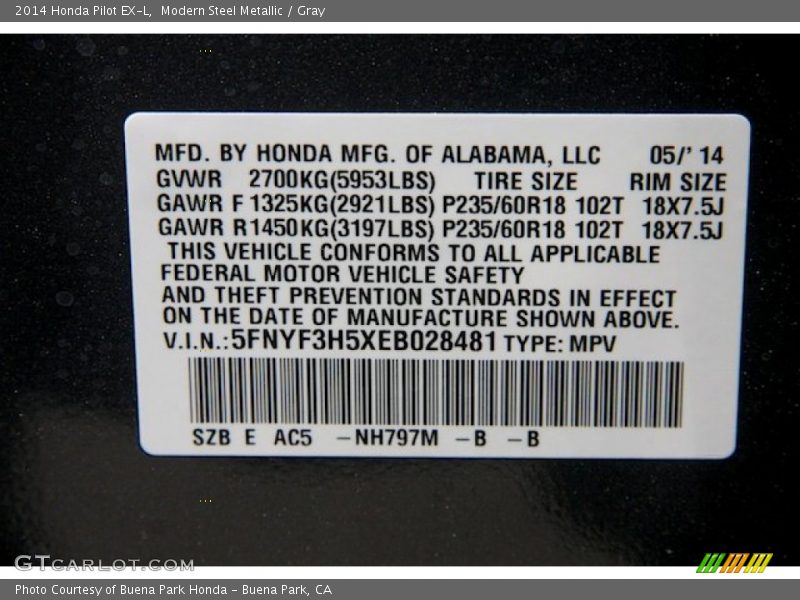 Modern Steel Metallic / Gray 2014 Honda Pilot EX-L