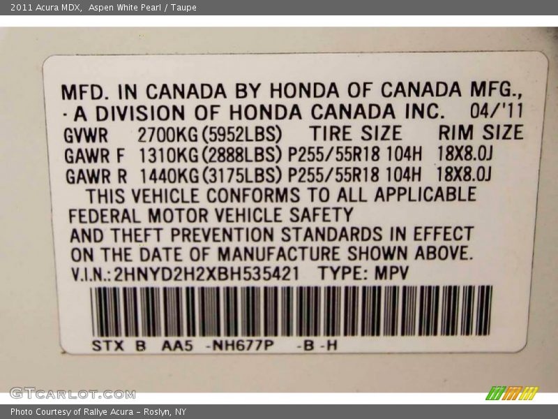 Aspen White Pearl / Taupe 2011 Acura MDX