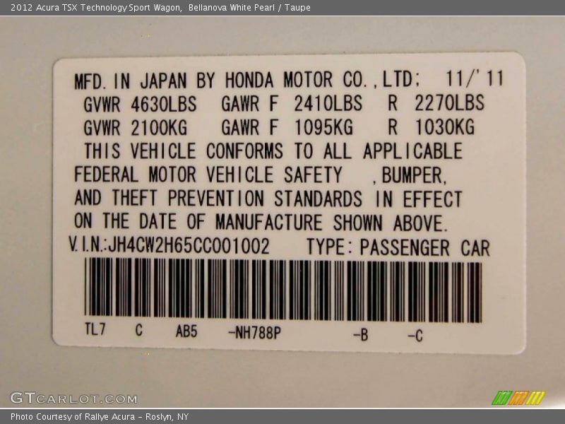 Bellanova White Pearl / Taupe 2012 Acura TSX Technology Sport Wagon