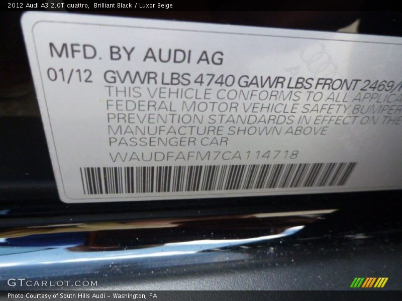 Brilliant Black / Luxor Beige 2012 Audi A3 2.0T quattro