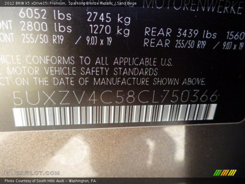 Sparkling Bronze Metallic / Sand Beige 2012 BMW X5 xDrive35i Premium