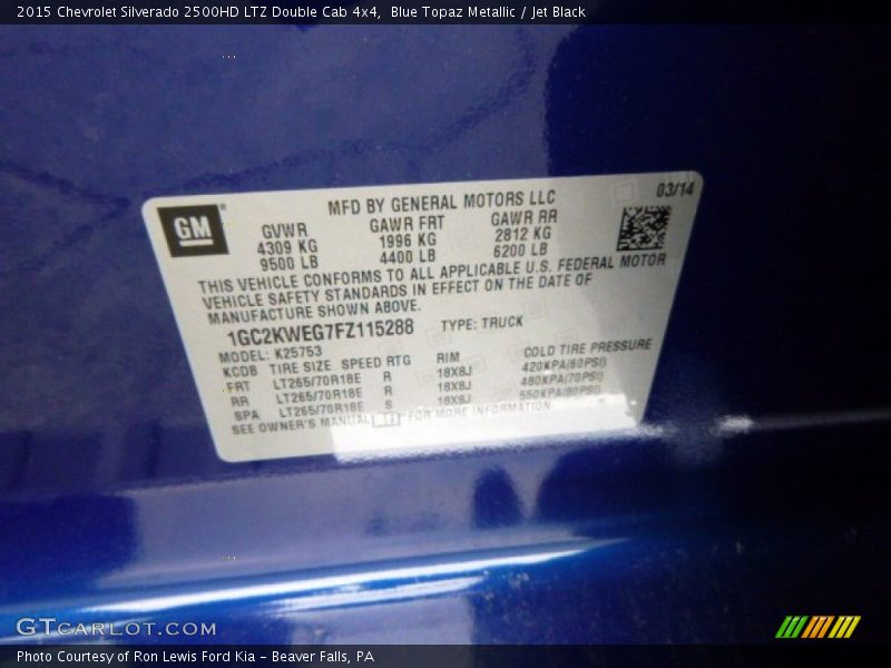 Blue Topaz Metallic / Jet Black 2015 Chevrolet Silverado 2500HD LTZ Double Cab 4x4