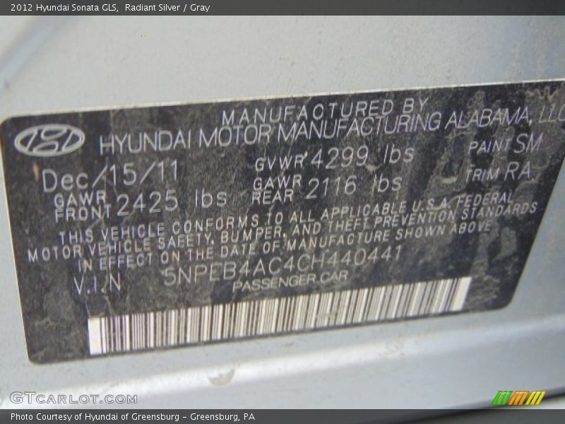 Radiant Silver / Gray 2012 Hyundai Sonata GLS