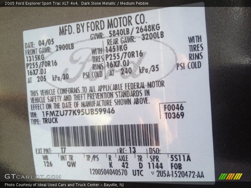 2005 Explorer Sport Trac XLT 4x4 Dark Stone Metallic Color Code T7