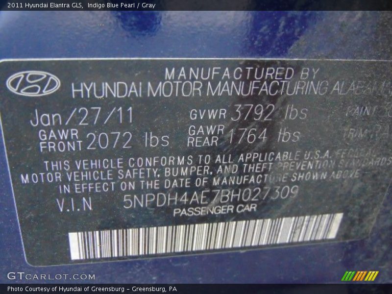 Indigo Blue Pearl / Gray 2011 Hyundai Elantra GLS