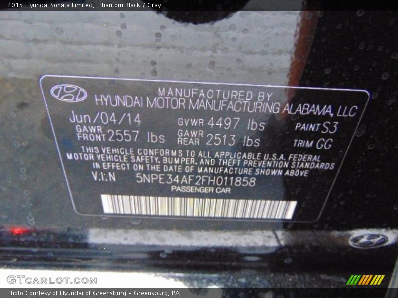 2015 Sonata Limited Phantom Black Color Code S3