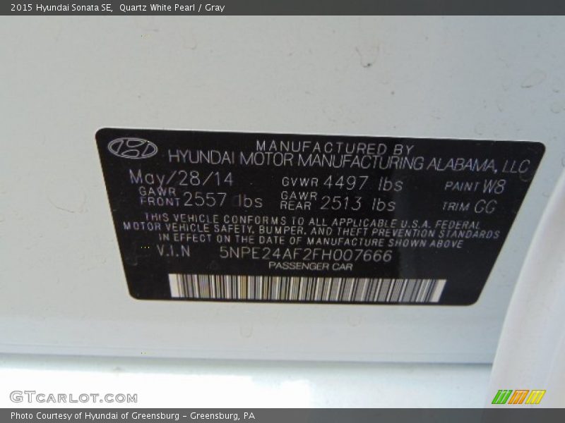 2015 Sonata SE Quartz White Pearl Color Code W8