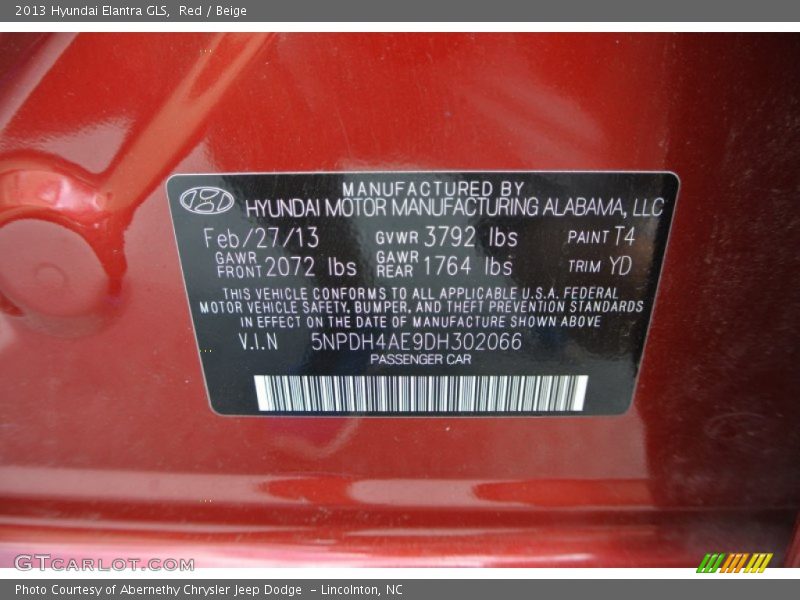 Red / Beige 2013 Hyundai Elantra GLS