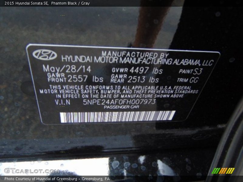 2015 Sonata SE Phantom Black Color Code S3