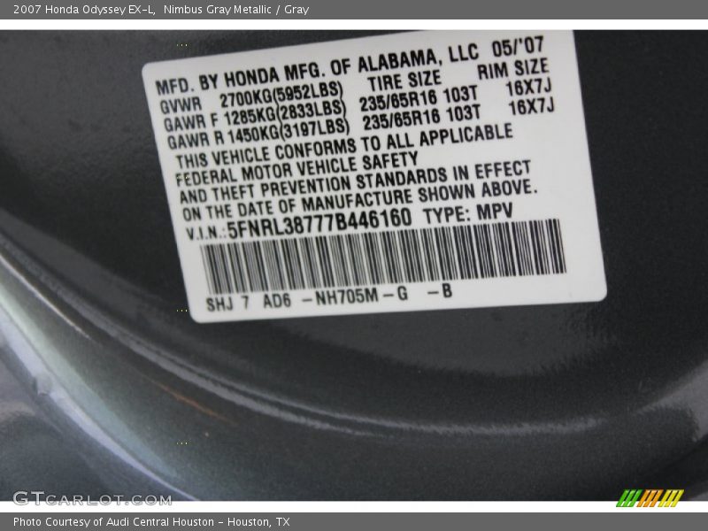 Nimbus Gray Metallic / Gray 2007 Honda Odyssey EX-L