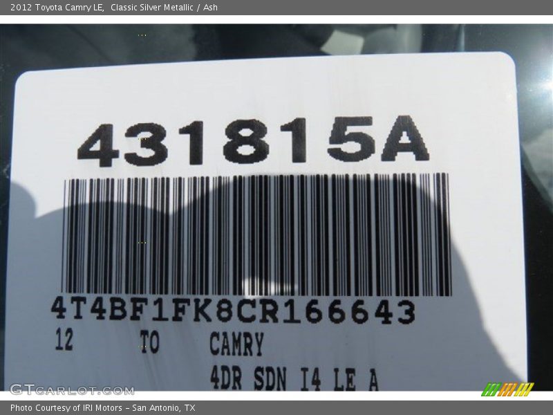 Classic Silver Metallic / Ash 2012 Toyota Camry LE
