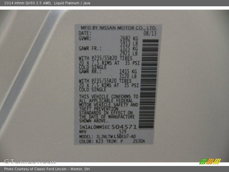 2014 QX60 3.5 AWD Liquid Platinum Color Code K23
