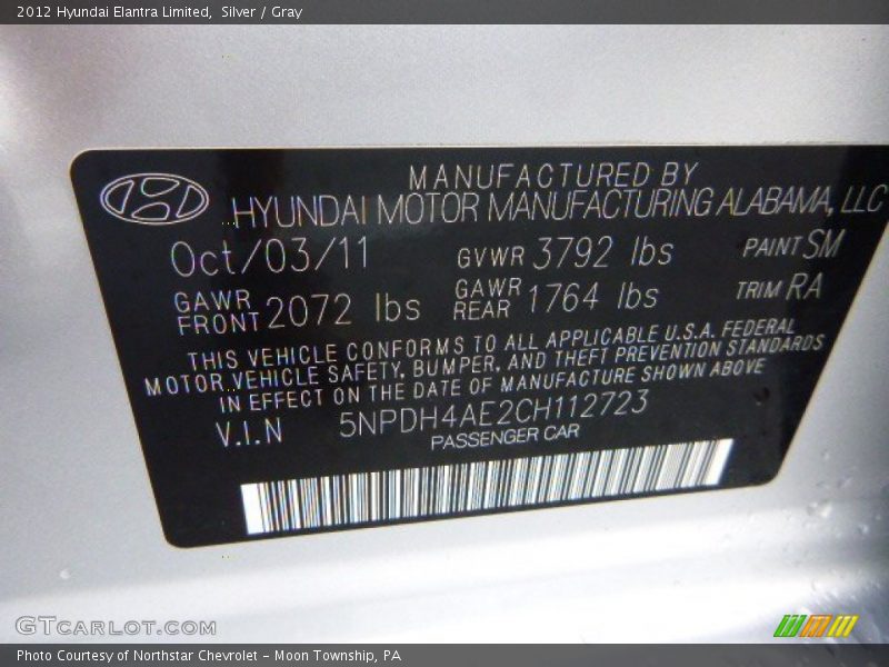 Silver / Gray 2012 Hyundai Elantra Limited