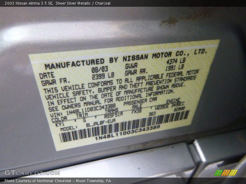 Sheer Silver Metallic / Charcoal 2003 Nissan Altima 3.5 SE
