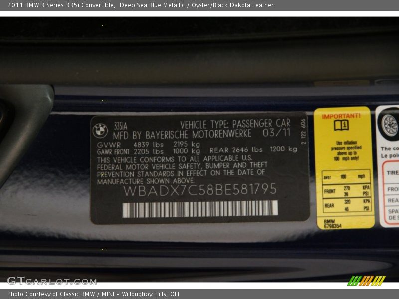 Deep Sea Blue Metallic / Oyster/Black Dakota Leather 2011 BMW 3 Series 335i Convertible